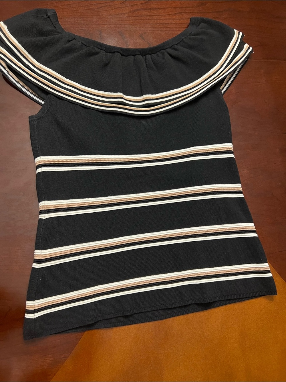 White House Black Market Black Knit Top with Cream and Tan Stripes